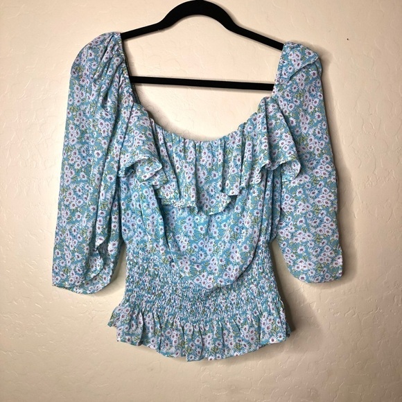 Blue Floral Print Off the Shoulders Boho Draped Sleeve Blouse Top Size Small S - Picture 7 of 9